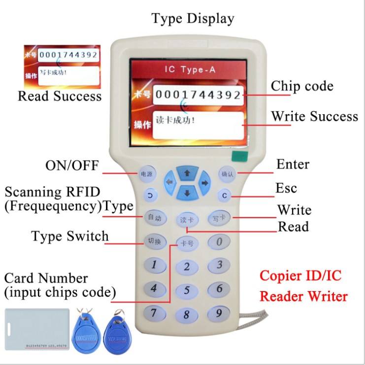 Rfid id ic card reader 08CD copier writer 134.2khz 13.56mhz access control card reader